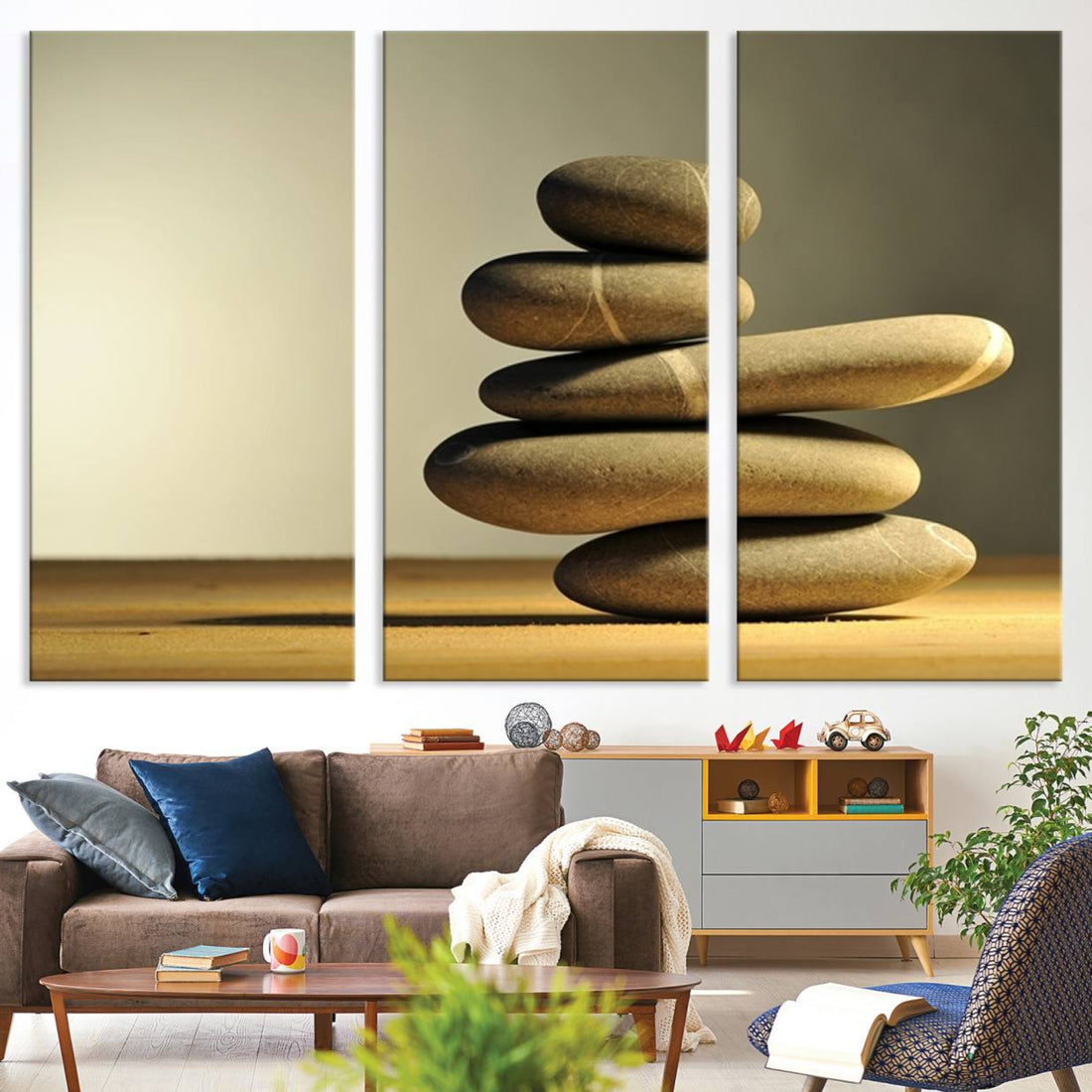 Yellow Zen Stones on Yellow Background Wall Art, Yoga Zen Artwork