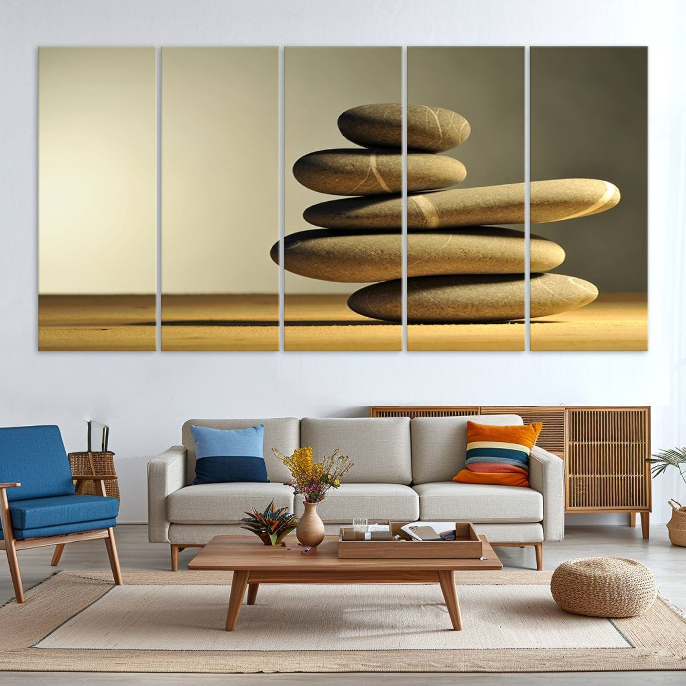 12349-MGV-CV-36X24-Yellow Zen Stones on Yellow Background Wall Art Yoga Zen Artwork