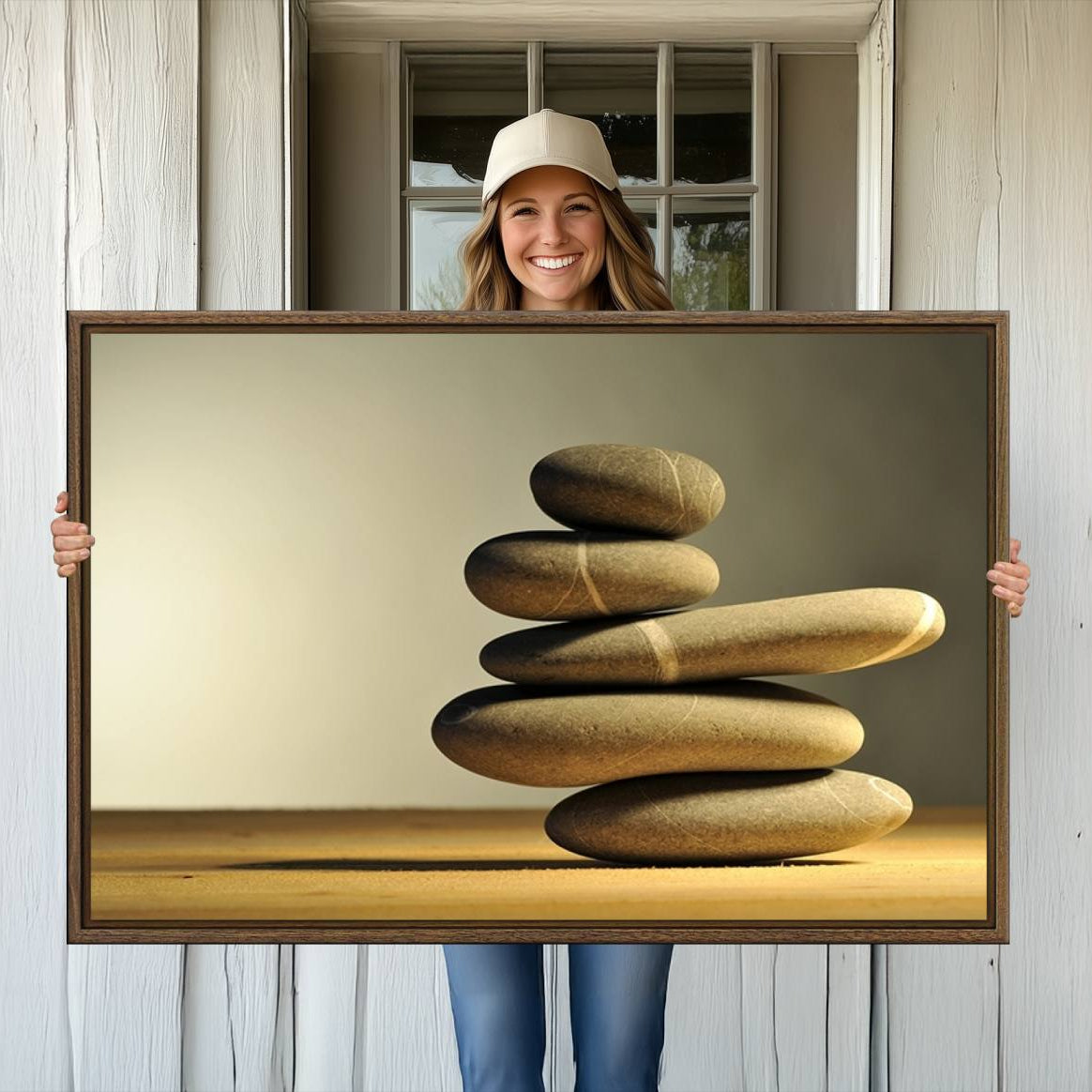 12349-MGV-CV-36X24-Yellow Zen Stones on Yellow Background Wall Art Yoga Zen Artwork