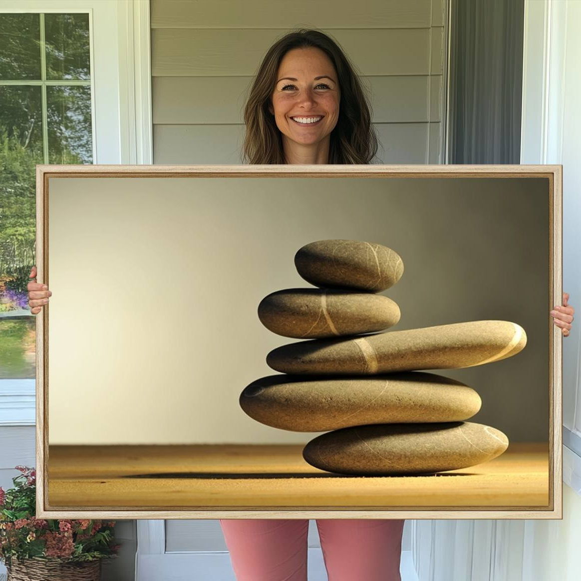 12349-MGV-CV-36X24-Yellow Zen Stones on Yellow Background Wall Art Yoga Zen Artwork