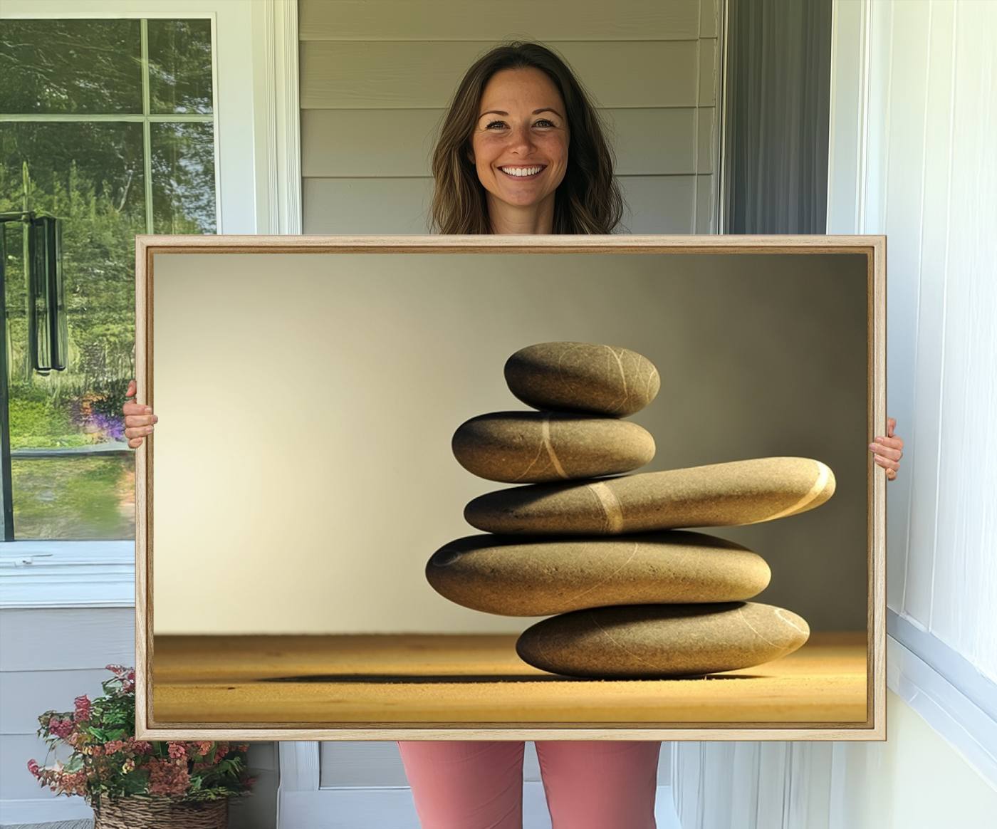 12349-MGV-CV-36X24-Yellow Zen Stones on Yellow Background Wall Art Yoga Zen Artwork