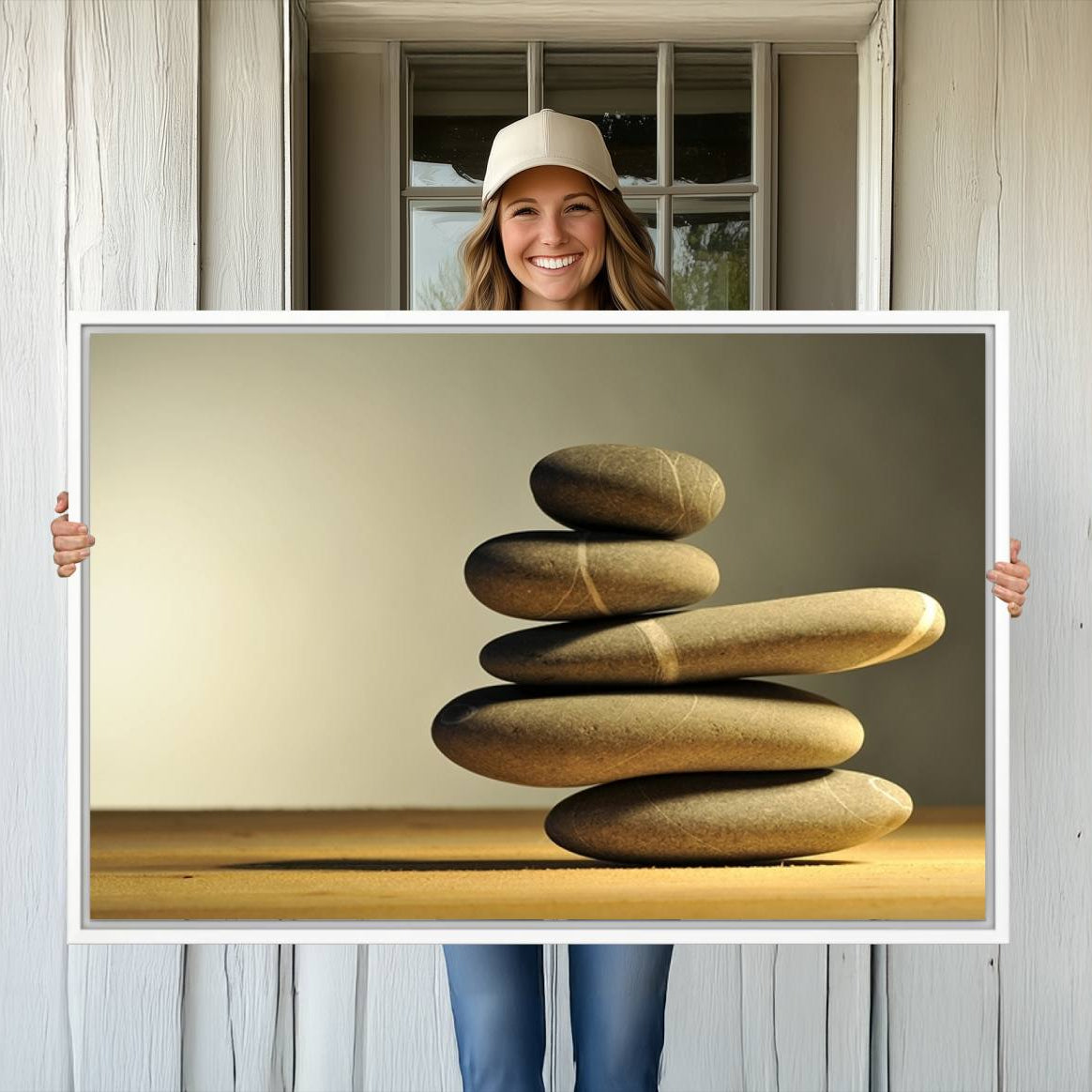 12349-MGV-CV-36X24-Yellow Zen Stones on Yellow Background Wall Art Yoga Zen Artwork