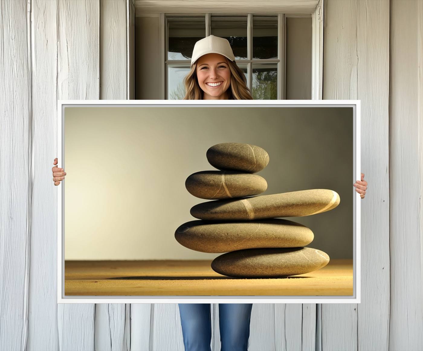 12349-MGV-CV-36X24-Yellow Zen Stones on Yellow Background Wall Art Yoga Zen Artwork