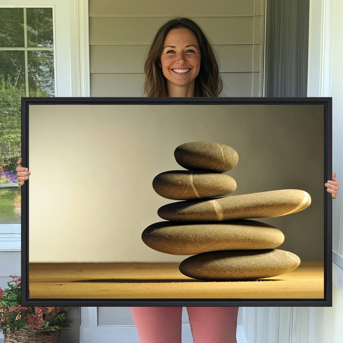 12349-MGV-CV-36X24-Yellow Zen Stones on Yellow Background Wall Art Yoga Zen Artwork