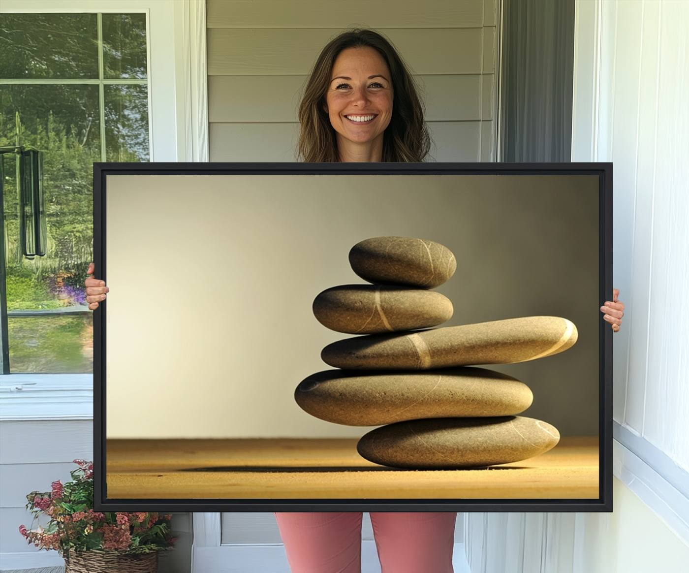 12349-MGV-CV-36X24-Yellow Zen Stones on Yellow Background Wall Art Yoga Zen Artwork