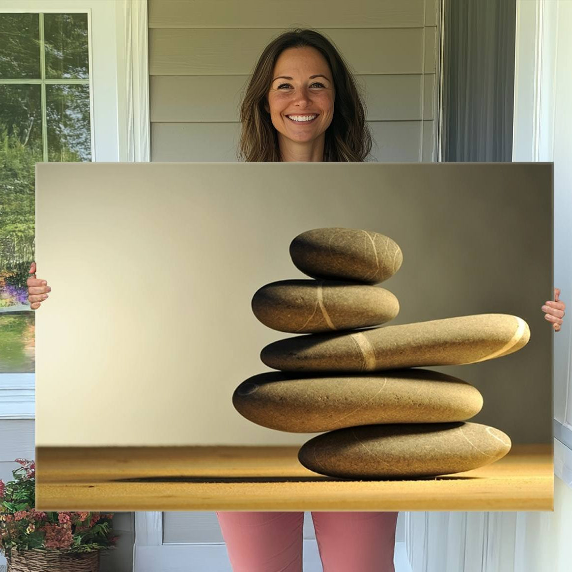 -Yellow Zen Stones on Yellow Background Wall Art Yoga Zen Artwork
