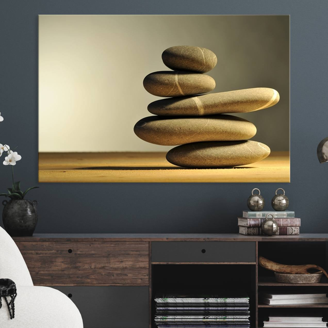 12349-MGV-CV-36X24-Yellow Zen Stones on Yellow Background Wall Art Yoga Zen Artwork
