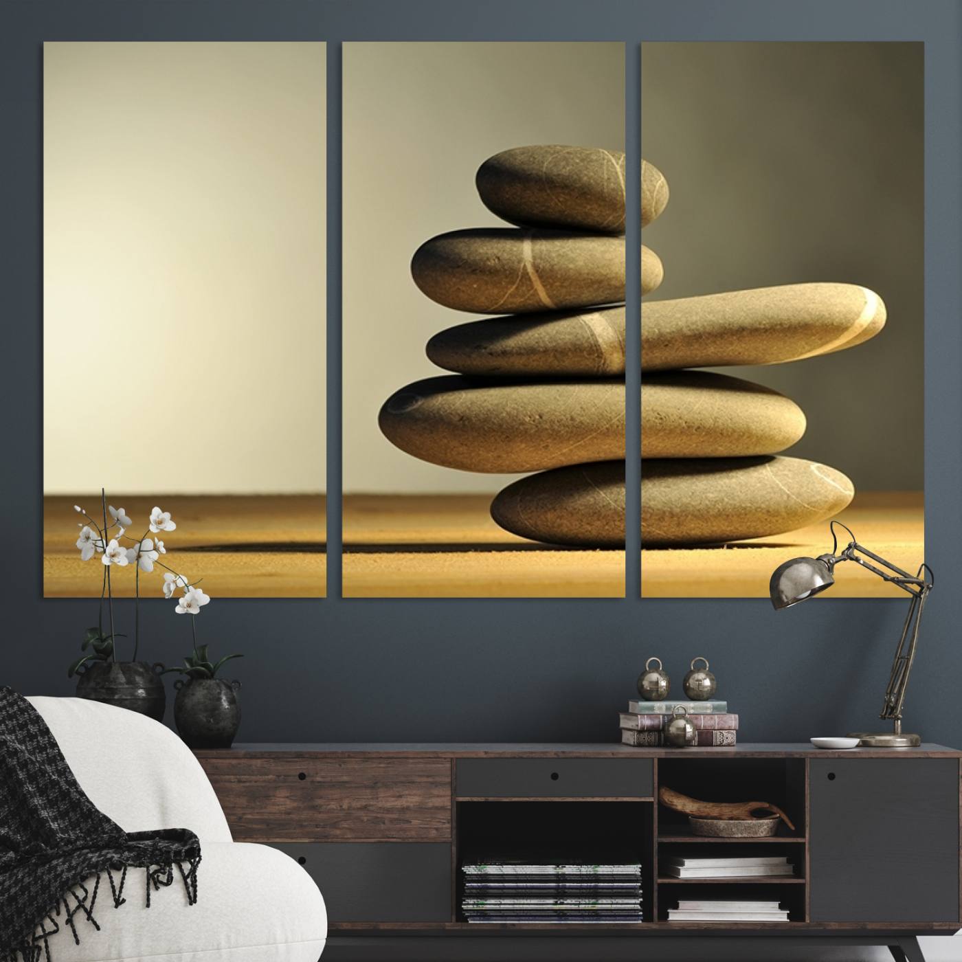 12349-MGV-CV-48X32-3P-Yellow Zen Stones on Yellow Background Wall Art Yoga Zen Artwork