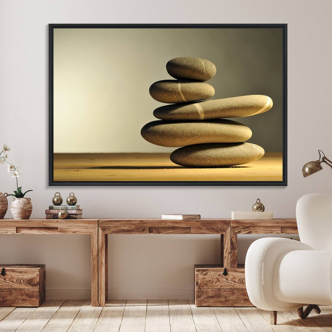 12349-MGV-FC-36X24_Black-Yellow Zen Stones on Yellow Background Wall Art Yoga Zen Artwork