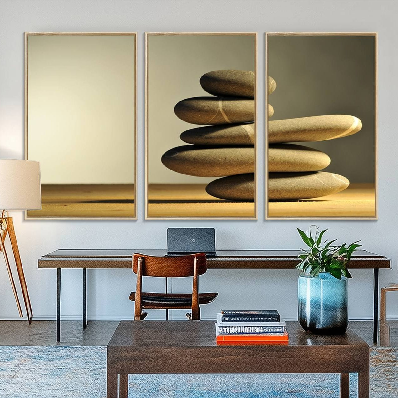 12349-MGV-FC-48X32-3P_Natural-Yellow Zen Stones on Yellow Background Wall Art Yoga Zen Artwork