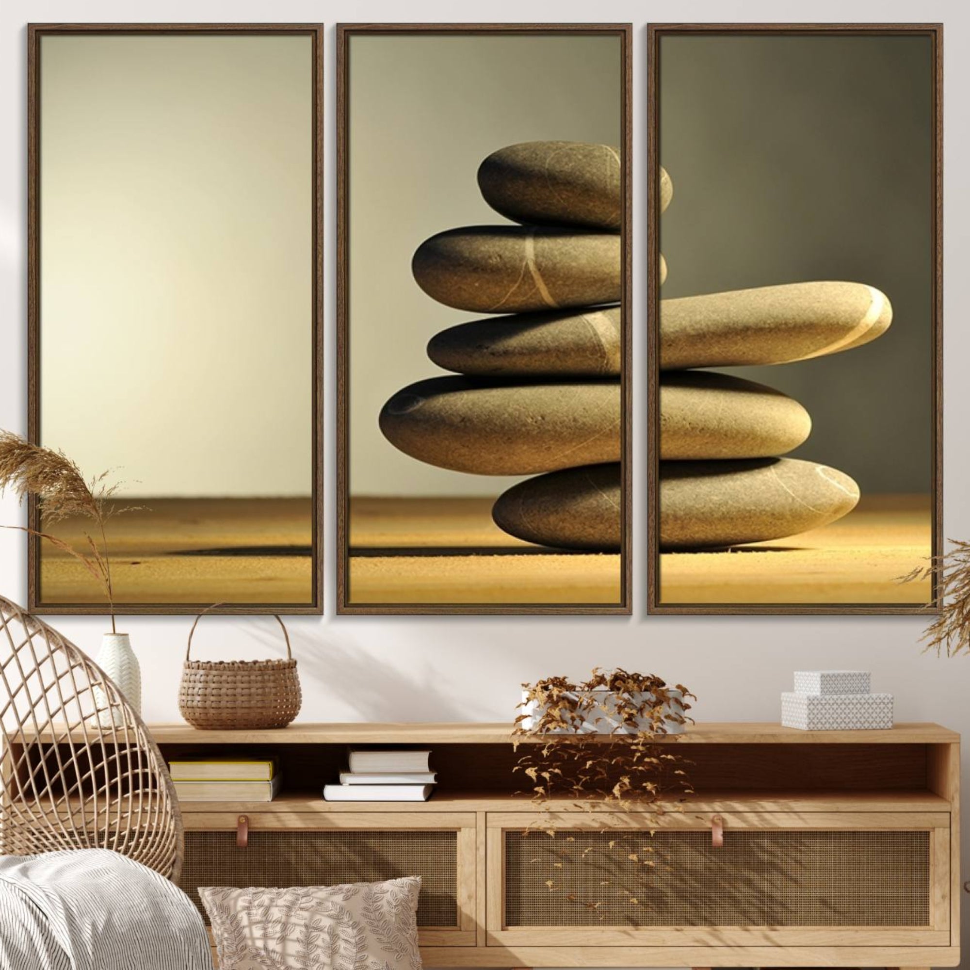 12349-MGV-FC-48X32-3P_Walnut-Yellow Zen Stones on Yellow Background Wall Art Yoga Zen Artwork