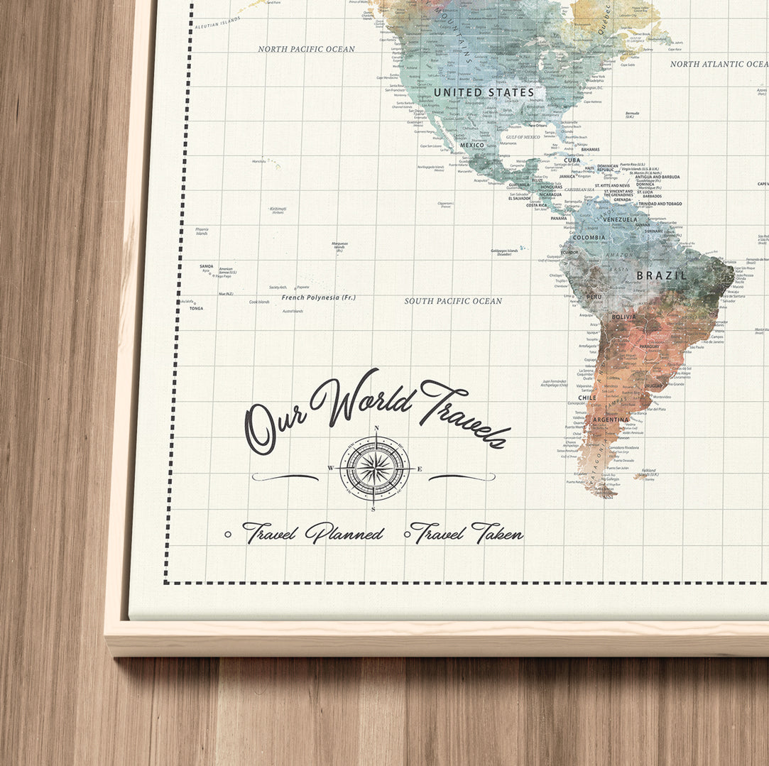 Rehber01-MGV-CV-36X24-Custom Framed World Map Canvas Print Personalized Push Pin Travel Tracker Gift for Couples for Home, Office