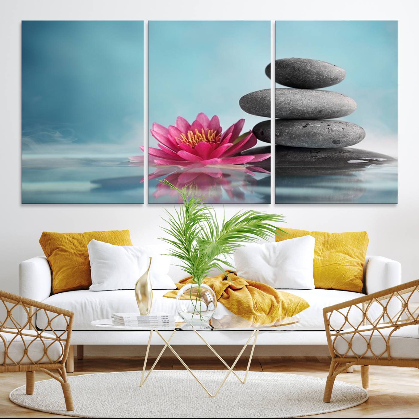 -Zen Serenity Triptych Canvas Art, Lotus Flower and Balancing Stones Canvas Wall Art, Water Lily