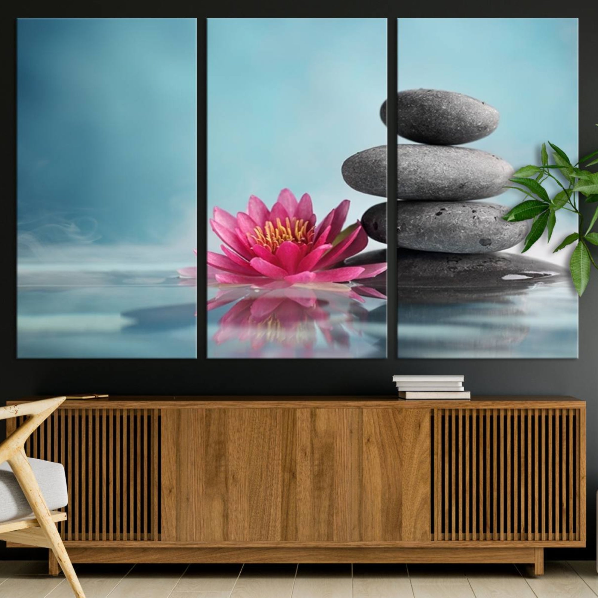 50007-MGV-CV-36X24-Zen Serenity Triptych Canvas Art, Lotus Flower and Balancing Stones Canvas Wall Art, Water Lily