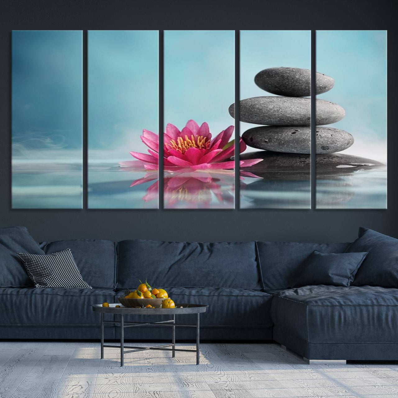 -Zen Serenity Triptych Canvas Art, Lotus Flower and Balancing Stones Canvas Wall Art, Water Lily