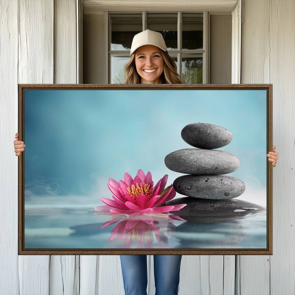 -Zen Serenity Triptych Canvas Art, Lotus Flower and Balancing Stones Canvas Wall Art, Water Lily