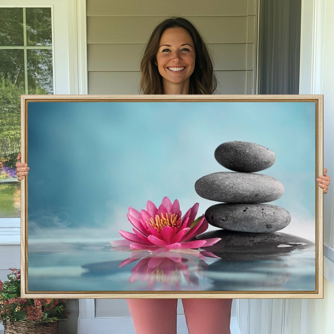 -Zen Serenity Triptych Canvas Art, Lotus Flower and Balancing Stones Canvas Wall Art, Water Lily