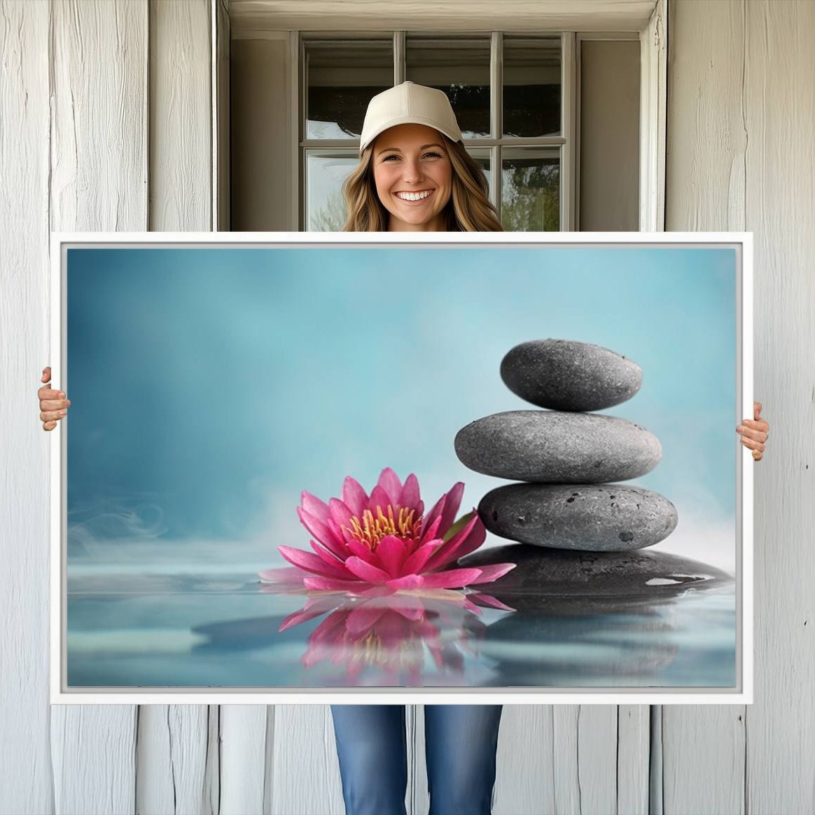 -Zen Serenity Triptych Canvas Art, Lotus Flower and Balancing Stones Canvas Wall Art, Water Lily