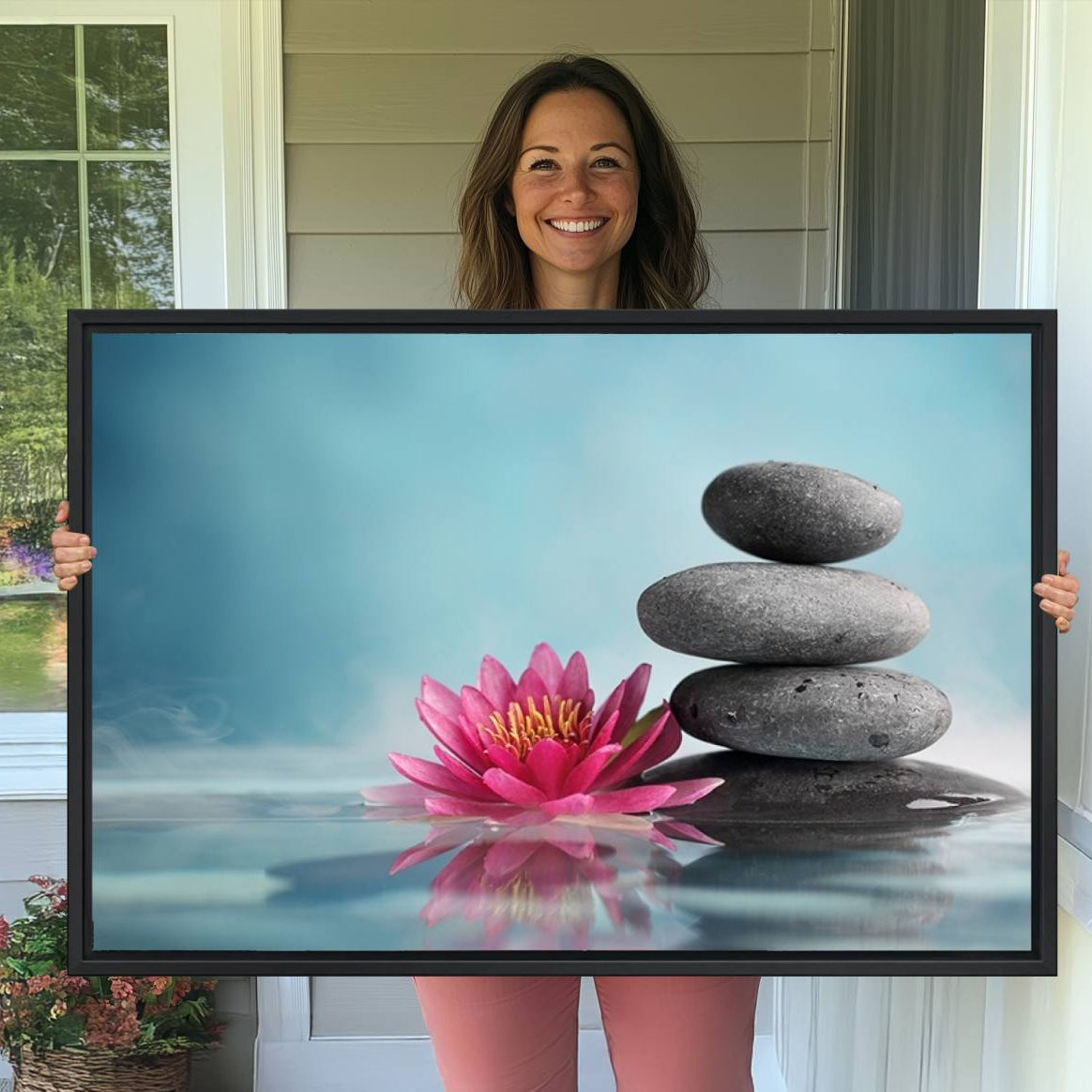 -Zen Serenity Triptych Canvas Art, Lotus Flower and Balancing Stones Canvas Wall Art, Water Lily