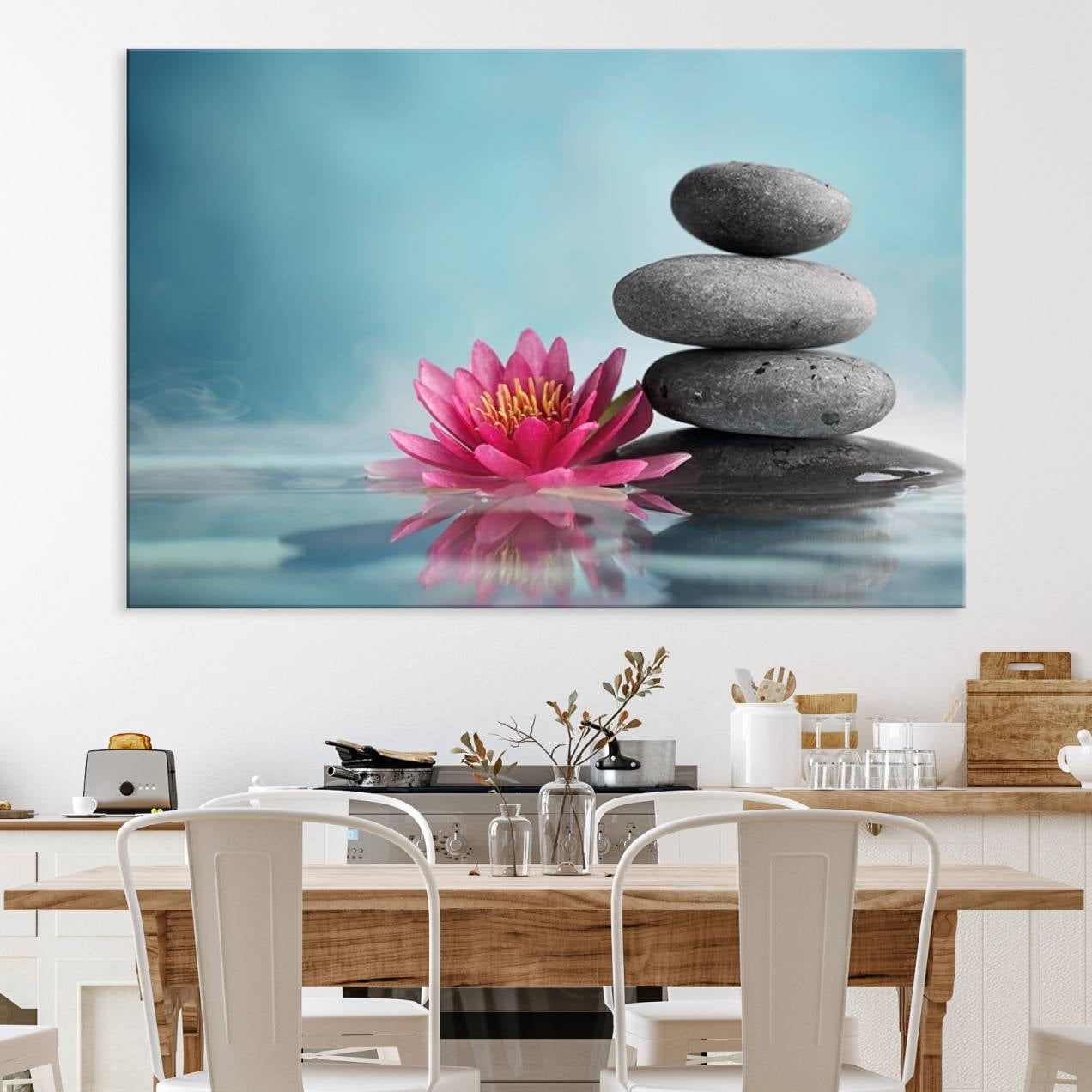 50007-MGV-CV-36X24-Zen Serenity Triptych Canvas Art, Lotus Flower and Balancing Stones Canvas Wall Art, Water Lily