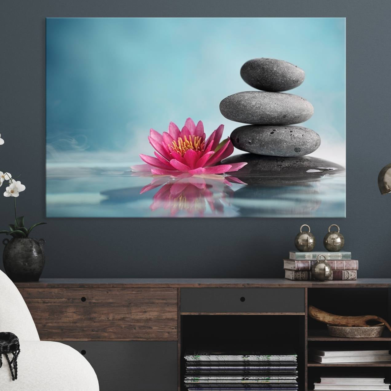 -Zen Serenity Triptych Canvas Art, Lotus Flower and Balancing Stones Canvas Wall Art, Water Lily
