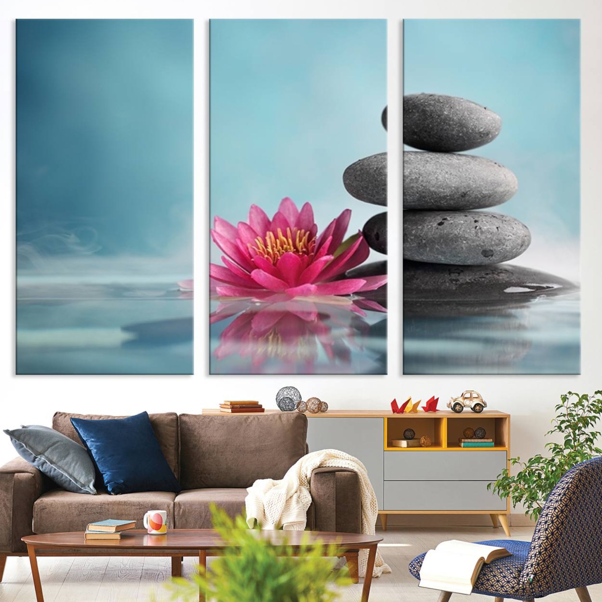 50007-MGV-CV-36X24-Zen Serenity Triptych Canvas Art, Lotus Flower and Balancing Stones Canvas Wall Art, Water Lily