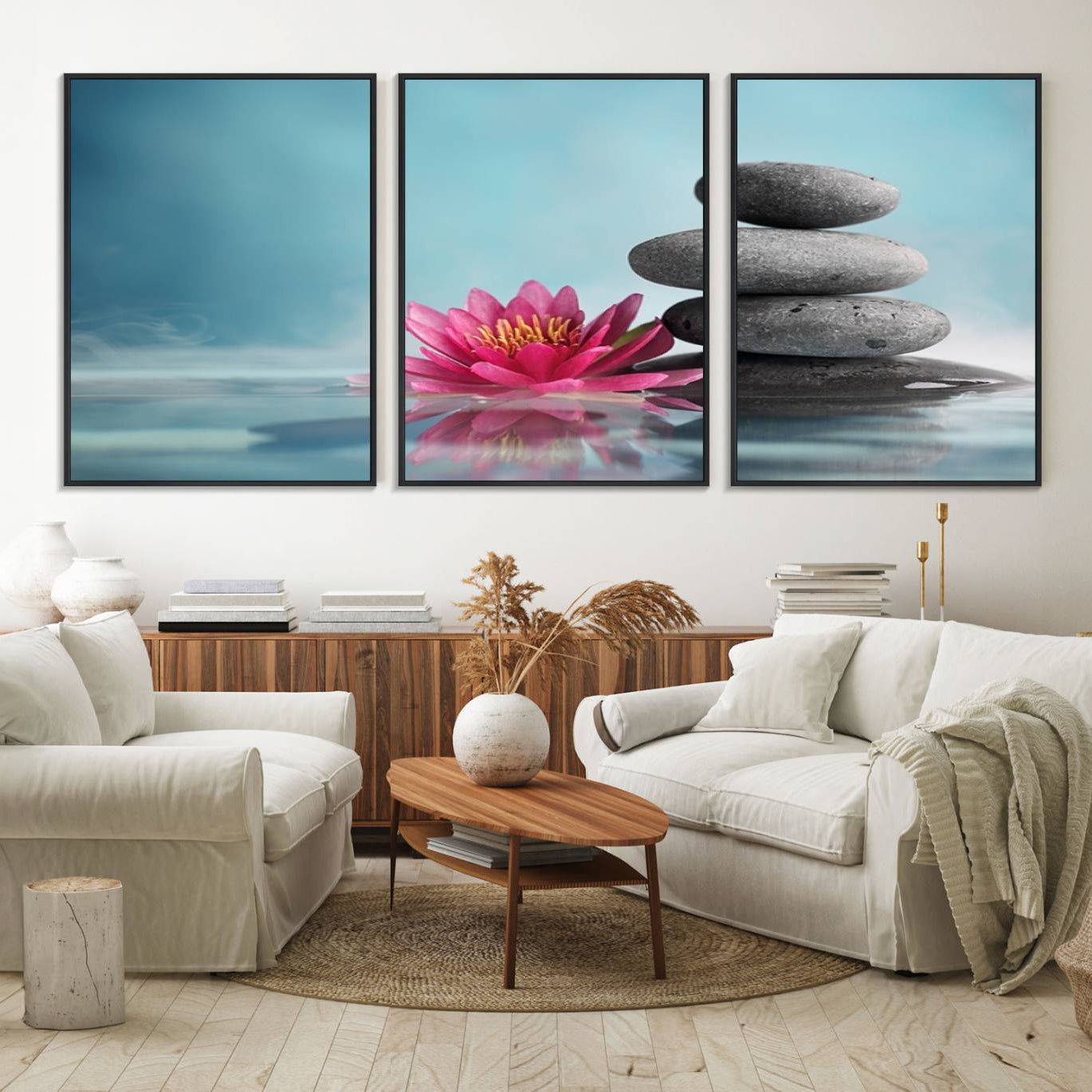 50007-MGV-FC-60X30-3P_Black-Zen Serenity Triptych Canvas Art, Lotus Flower and Balancing Stones Canvas Wall Art, Water Lily