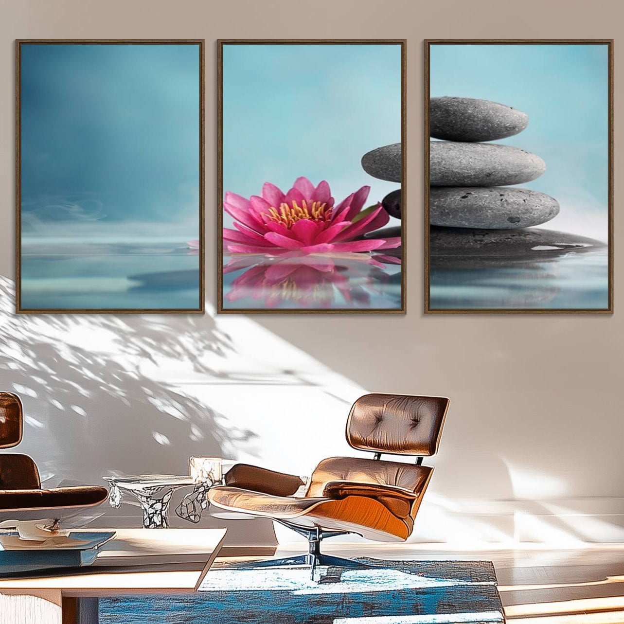 50007-MGV-FC-60X30-3P_Walnut-Zen Serenity Triptych Canvas Art, Lotus Flower and Balancing Stones Canvas Wall Art, Water Lily