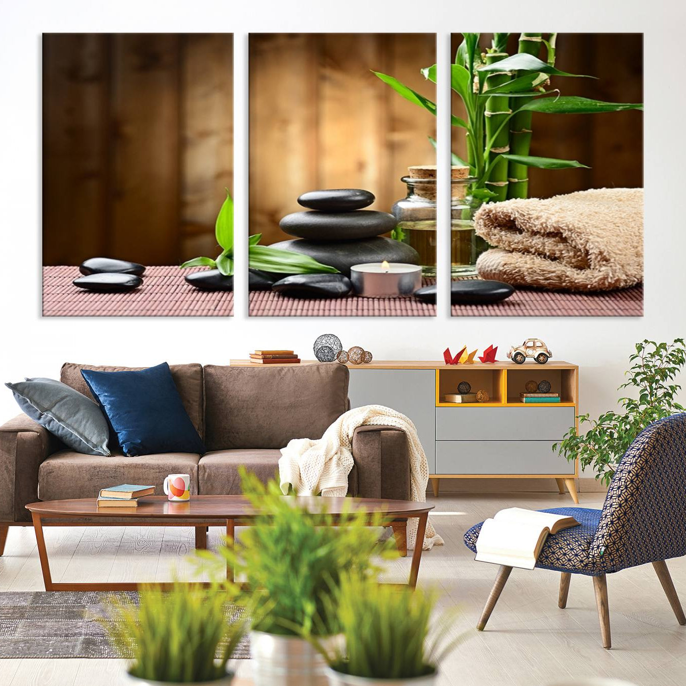 -Zen Serenity Triptych Canvas Art, Pink Lotus Flower and Balancing Stones Wall Art, Tranquil Water