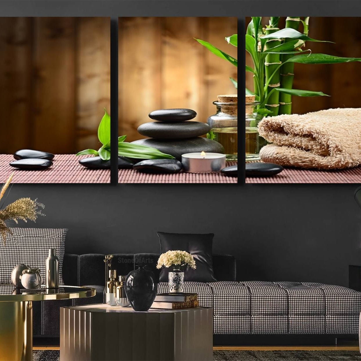 -Zen Serenity Triptych Canvas Art, Pink Lotus Flower and Balancing Stones Wall Art, Tranquil Water