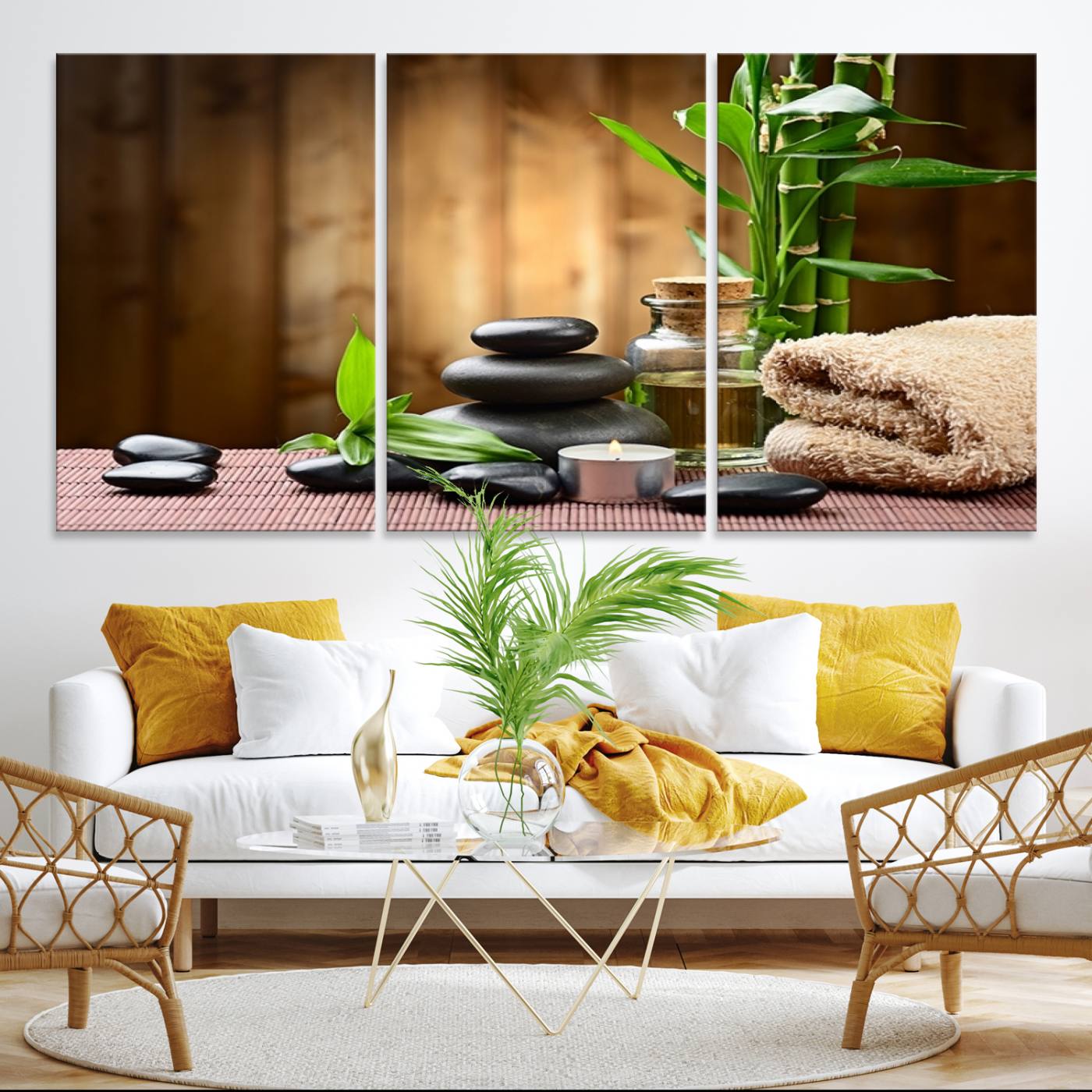 -Zen Serenity Triptych Canvas Art, Pink Lotus Flower and Balancing Stones Wall Art, Tranquil Water