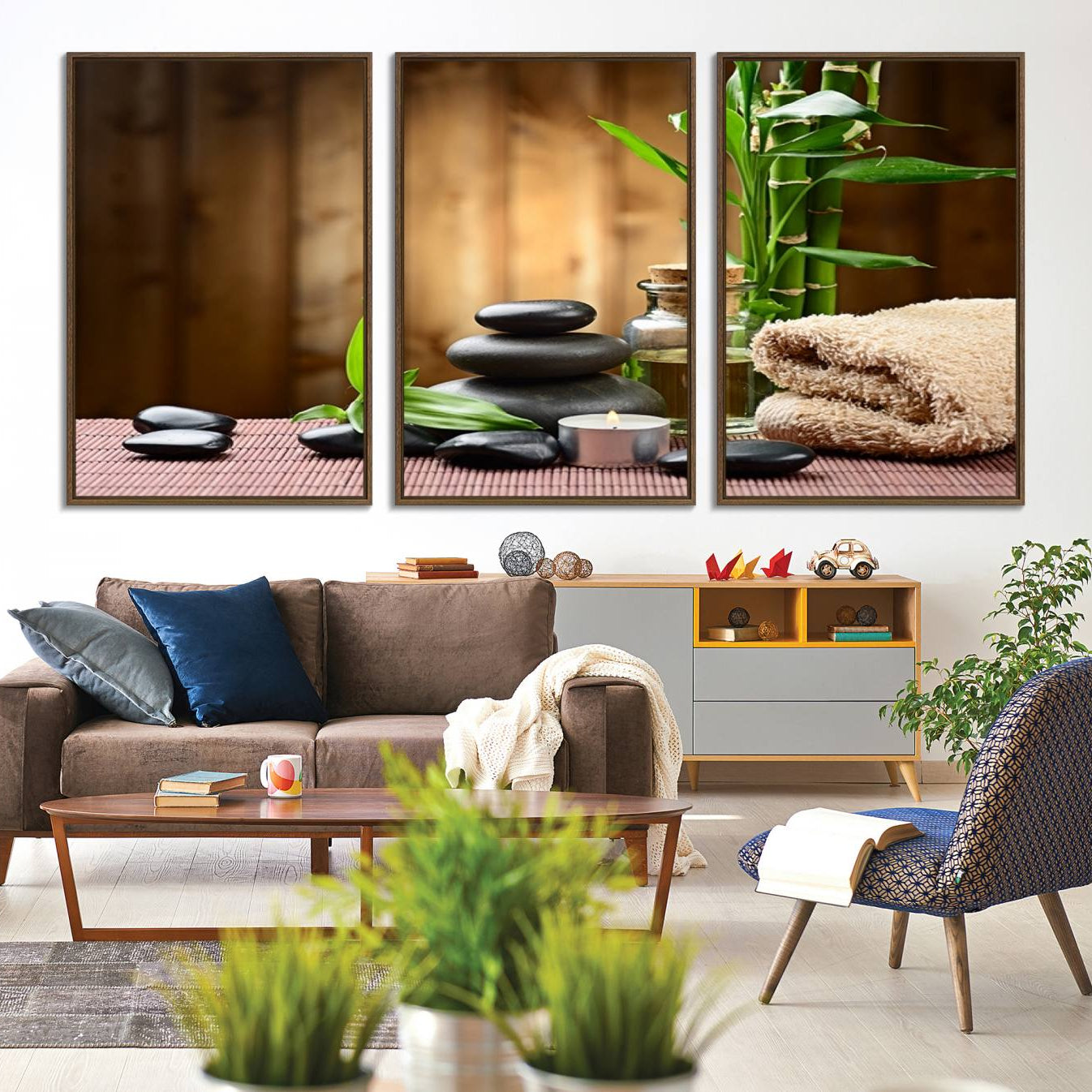 -Zen Serenity Triptych Canvas Art, Pink Lotus Flower and Balancing Stones Wall Art, Tranquil Water
