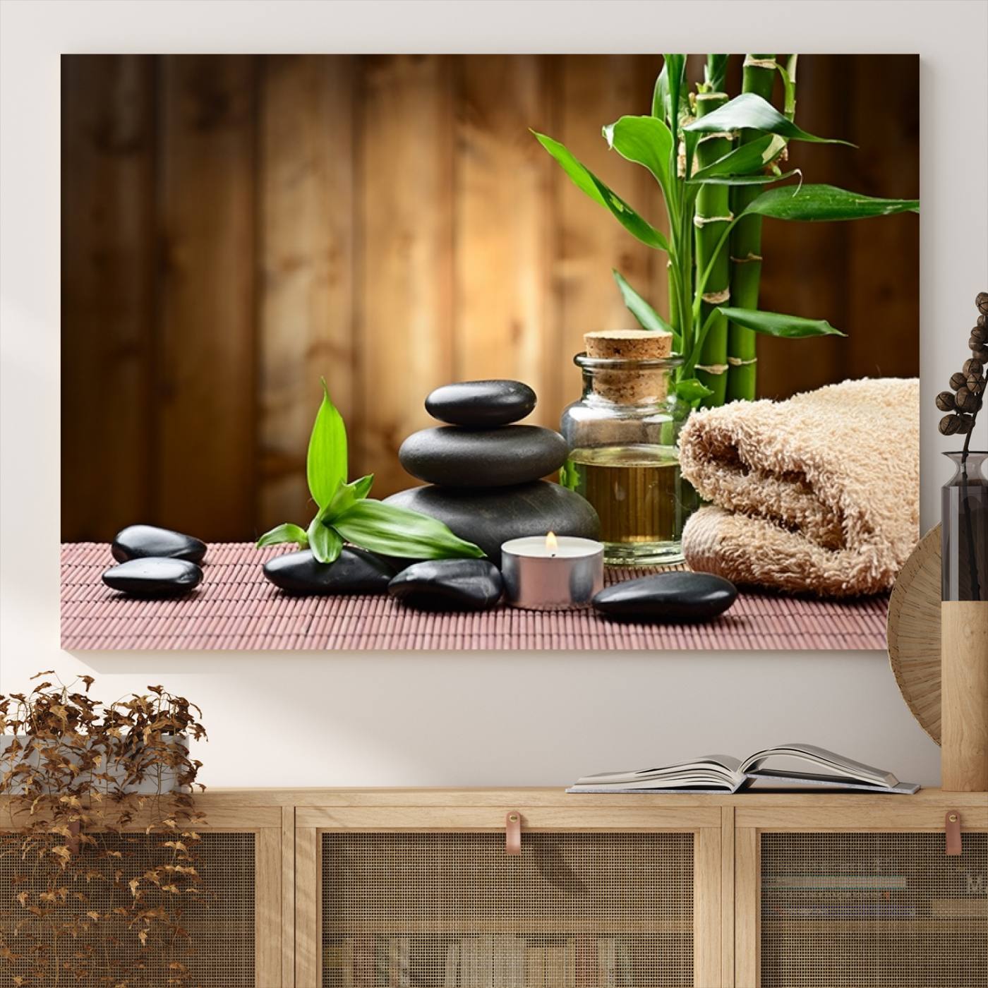 -Zen Serenity Triptych Canvas Art, Pink Lotus Flower and Balancing Stones Wall Art, Tranquil Water