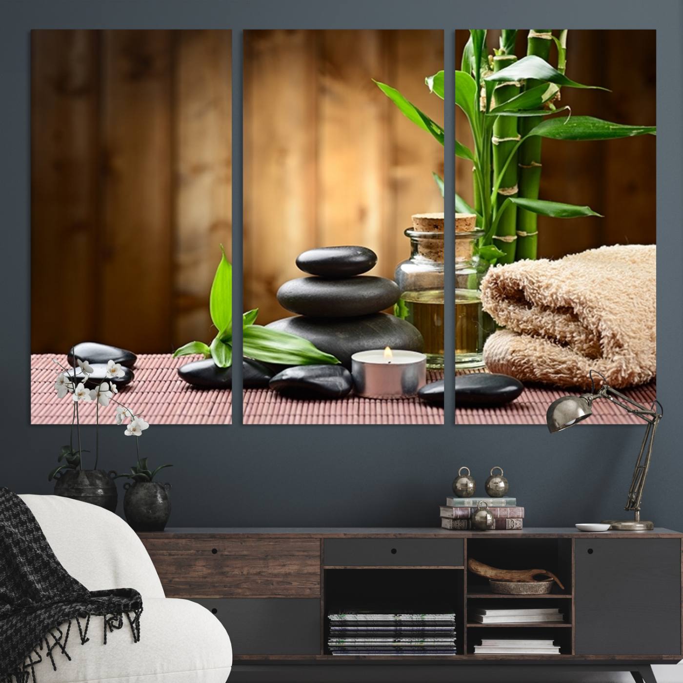 63465-MGV-CV-48X32-3P-Zen Serenity Triptych Canvas Art, Pink Lotus Flower and Balancing Stones Wall Art, Tranquil Water