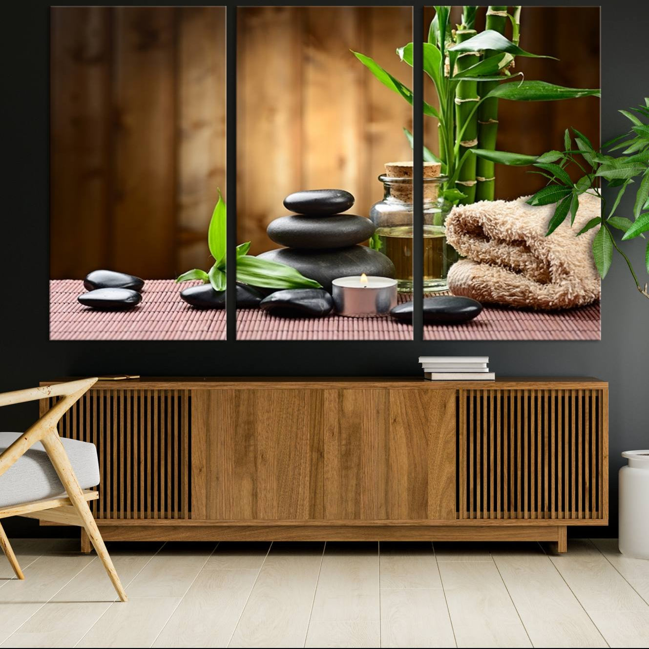 -Zen Serenity Triptych Canvas Art, Pink Lotus Flower and Balancing Stones Wall Art, Tranquil Water