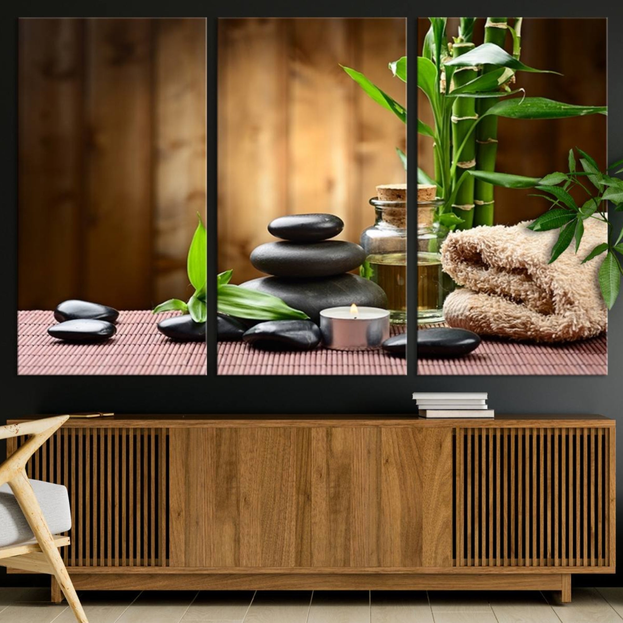 63465-MGV-CV-36X24-Zen Serenity Triptych Canvas Art, Pink Lotus Flower and Balancing Stones Wall Art, Tranquil Water