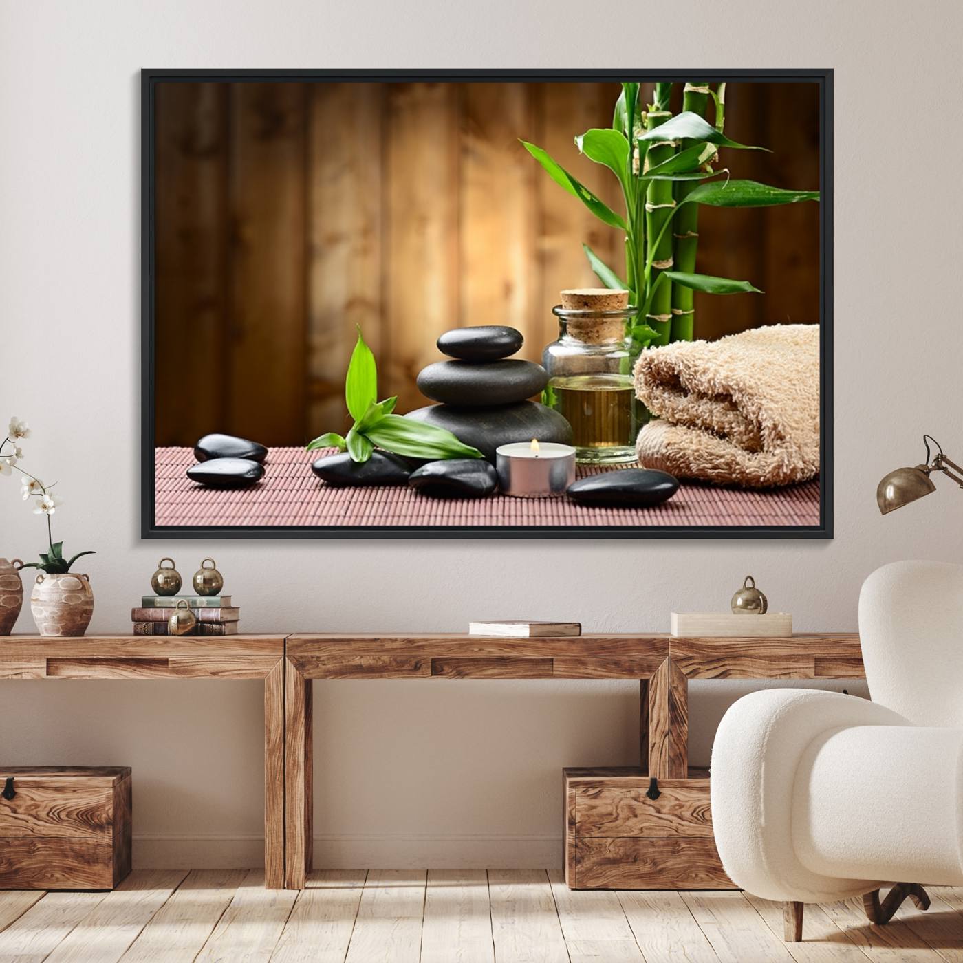 63465-MGV-FC-36X24_Black-Zen Serenity Triptych Canvas Art, Pink Lotus Flower and Balancing Stones Wall Art, Tranquil Water