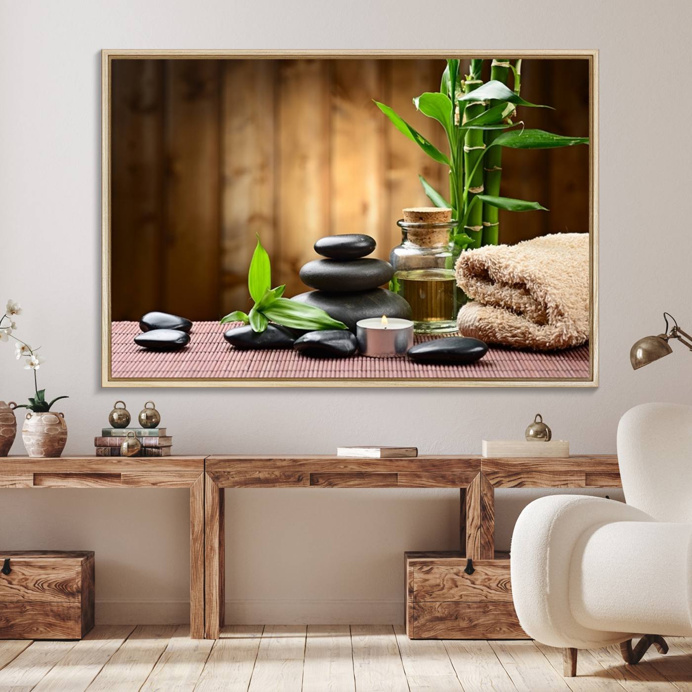 63465-MGV-FC-36X24_Natural-Zen Serenity Triptych Canvas Art, Pink Lotus Flower and Balancing Stones Wall Art, Tranquil Water