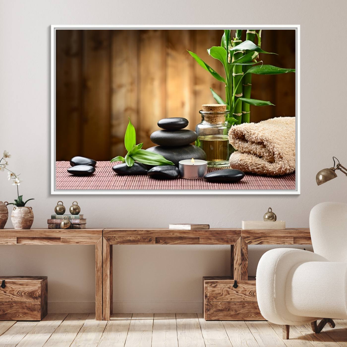 63465-MGV-FC-36X24_White-Zen Serenity Triptych Canvas Art, Pink Lotus Flower and Balancing Stones Wall Art, Tranquil Water