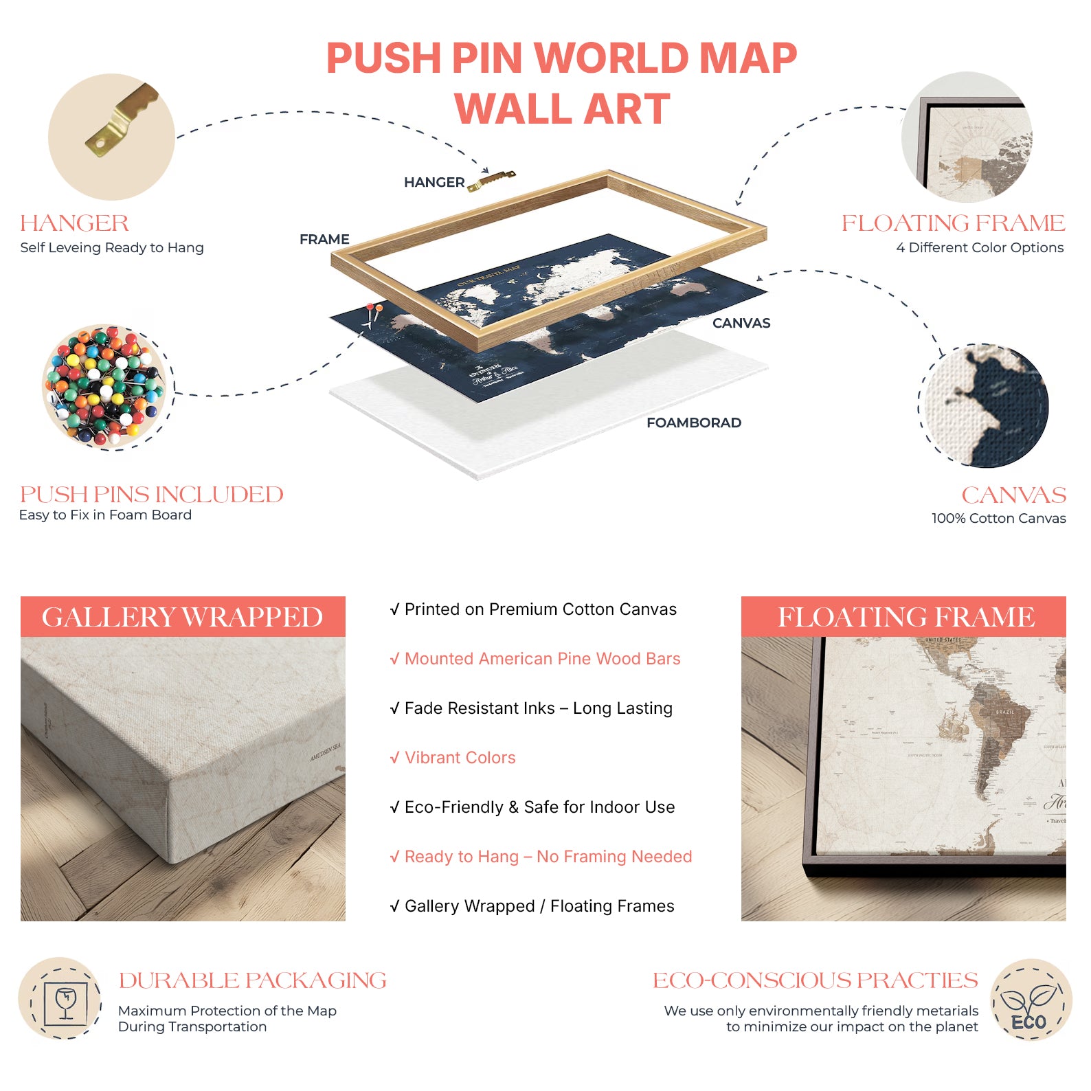 Rehber01-MGV-CV-36X24-Personalized Push Pin World Map Canvas – Custom Framed Travel Tracker Wall Art, Large Adventure Map with Pins for Home, Office