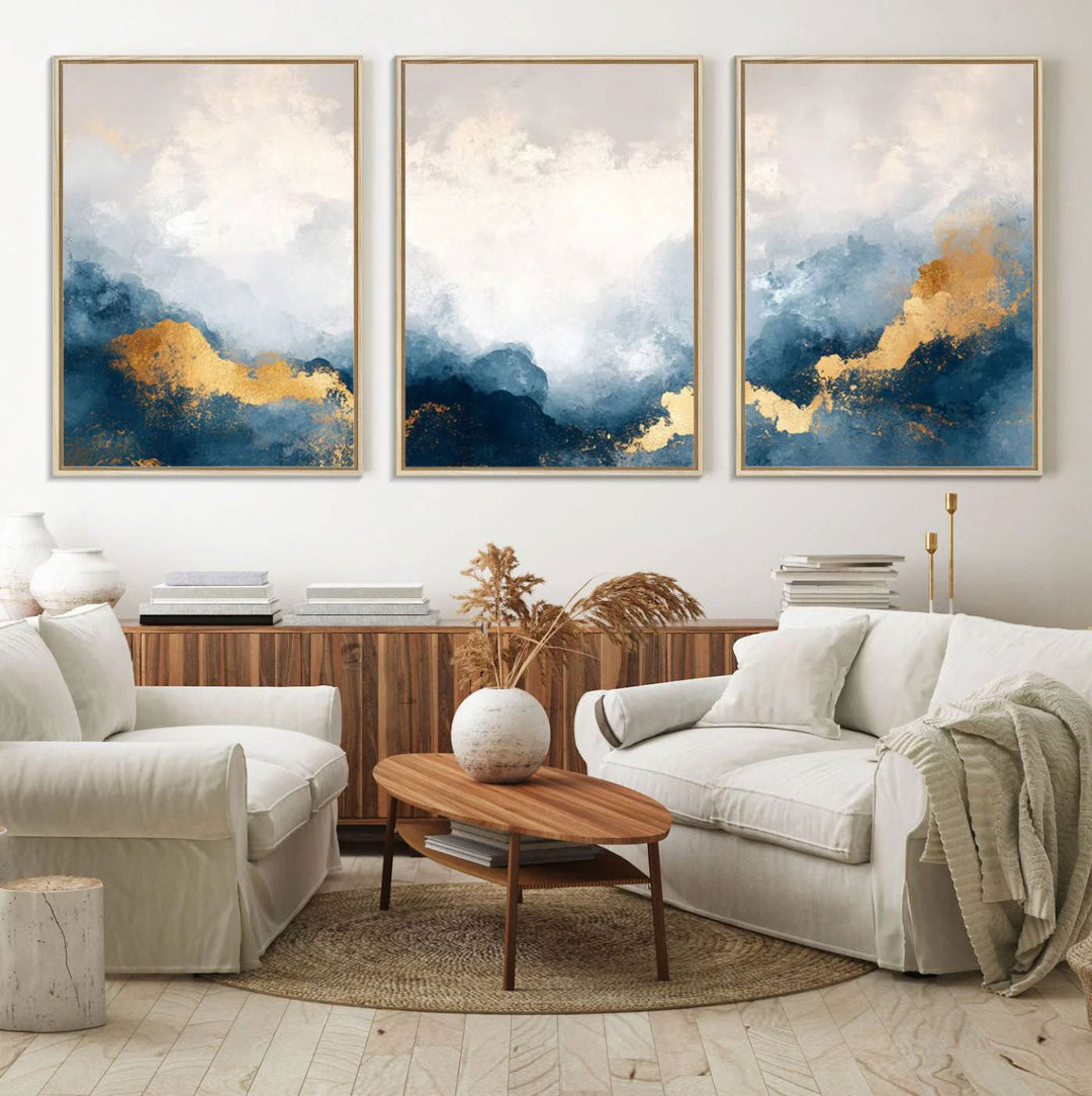 A multi-panel artwork of stylized mountains hangs on the wall.