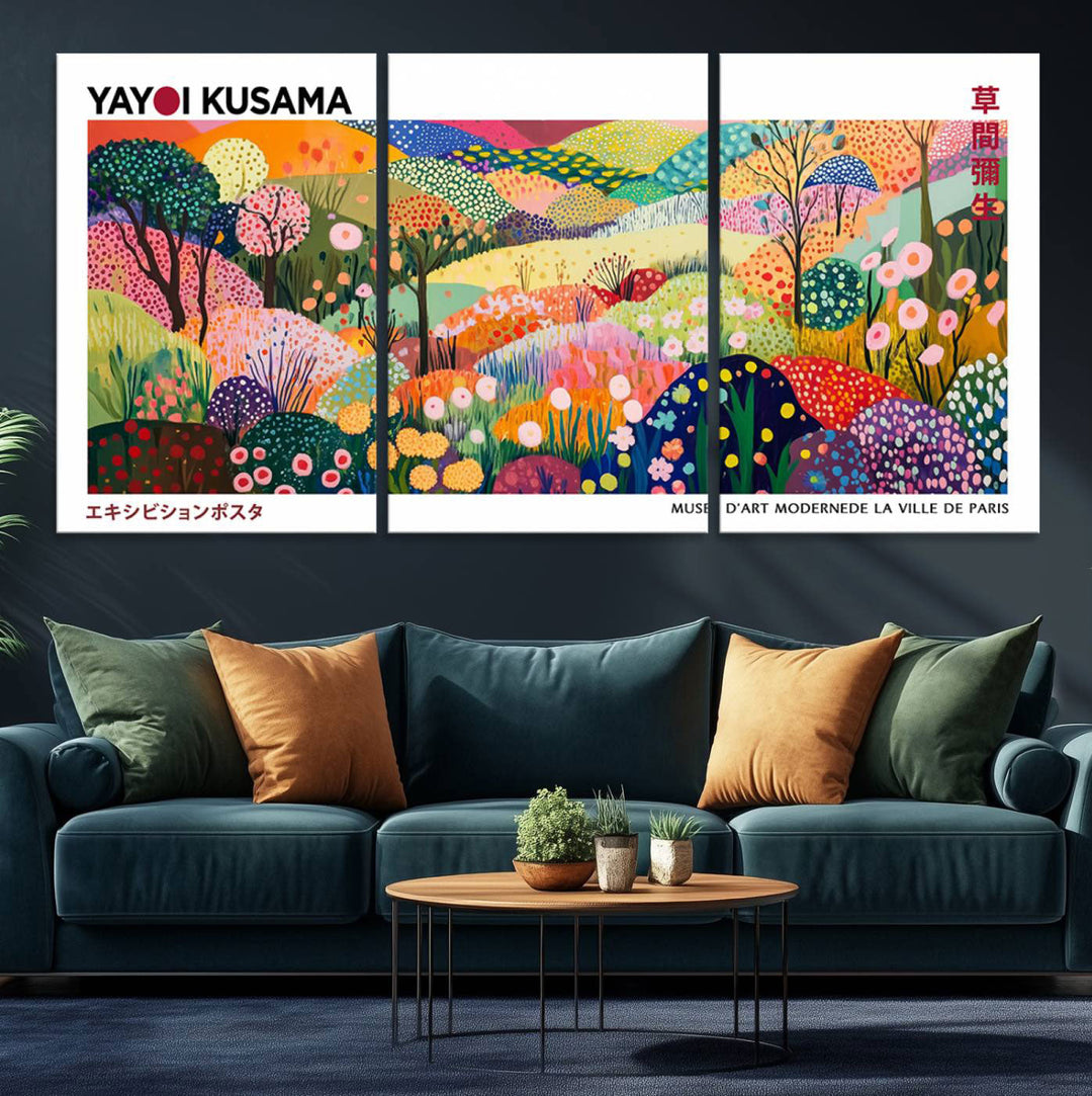 The framed poster of Yayoi Kusamas artwork features colorful, abstract floral patterns.