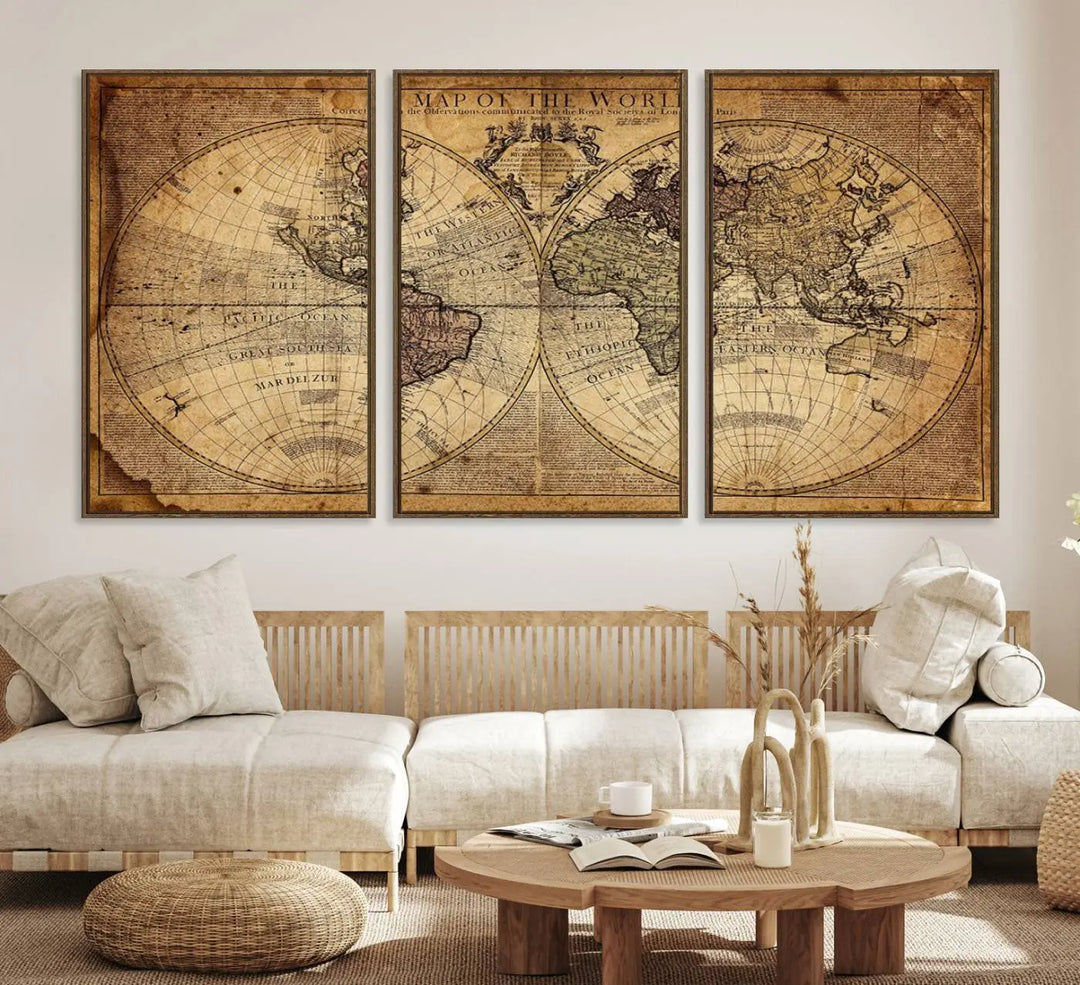 The wall art consists of a three-panel piece featuring a vintage world map, adding character to the space.