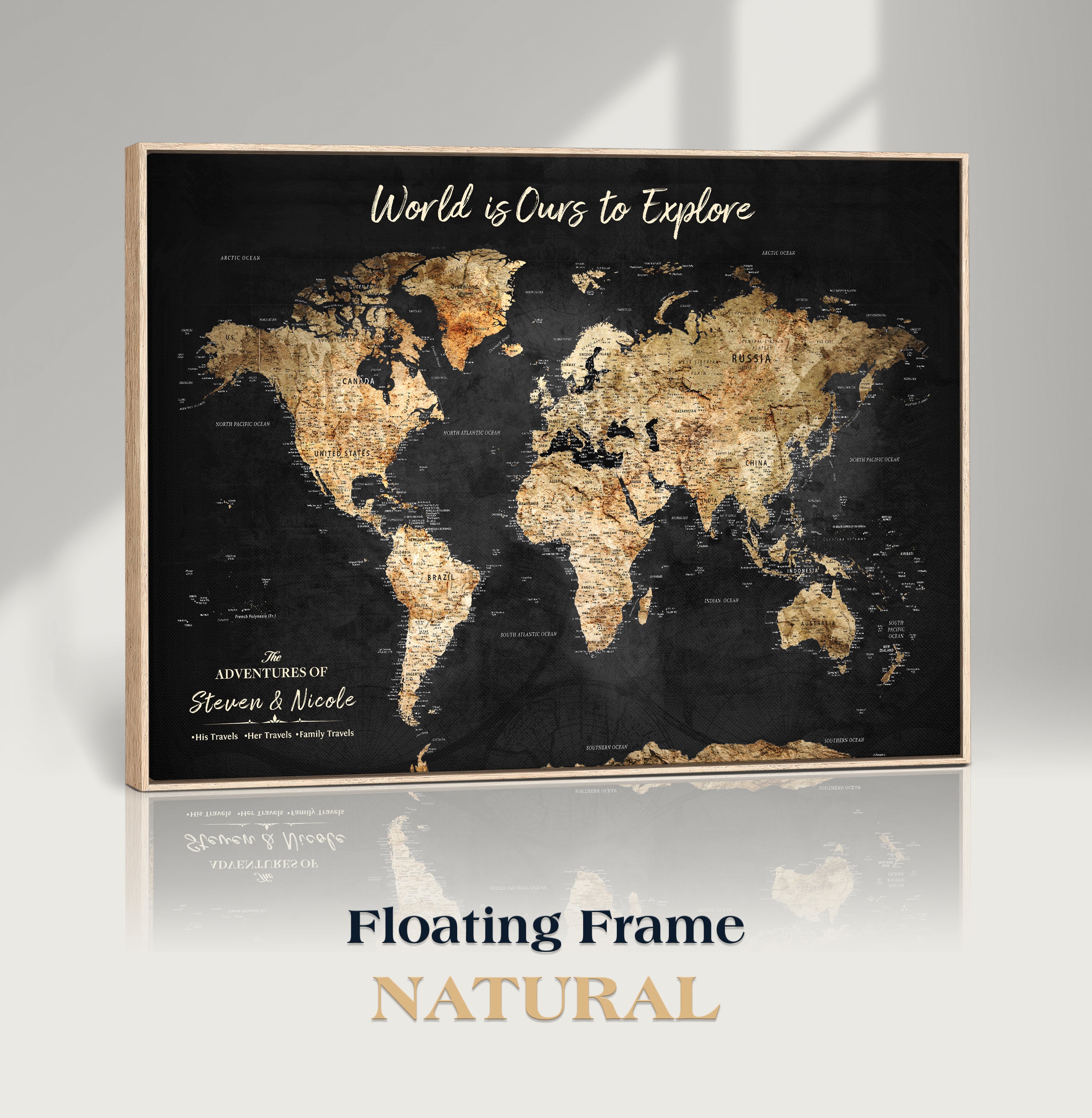 Rehber01-MGV-CV-36X24-Personalized Travel World Map Print | Customize Map with Push Pin Canvas on Foam Board | Grunge Maps Prints for Wall Decor