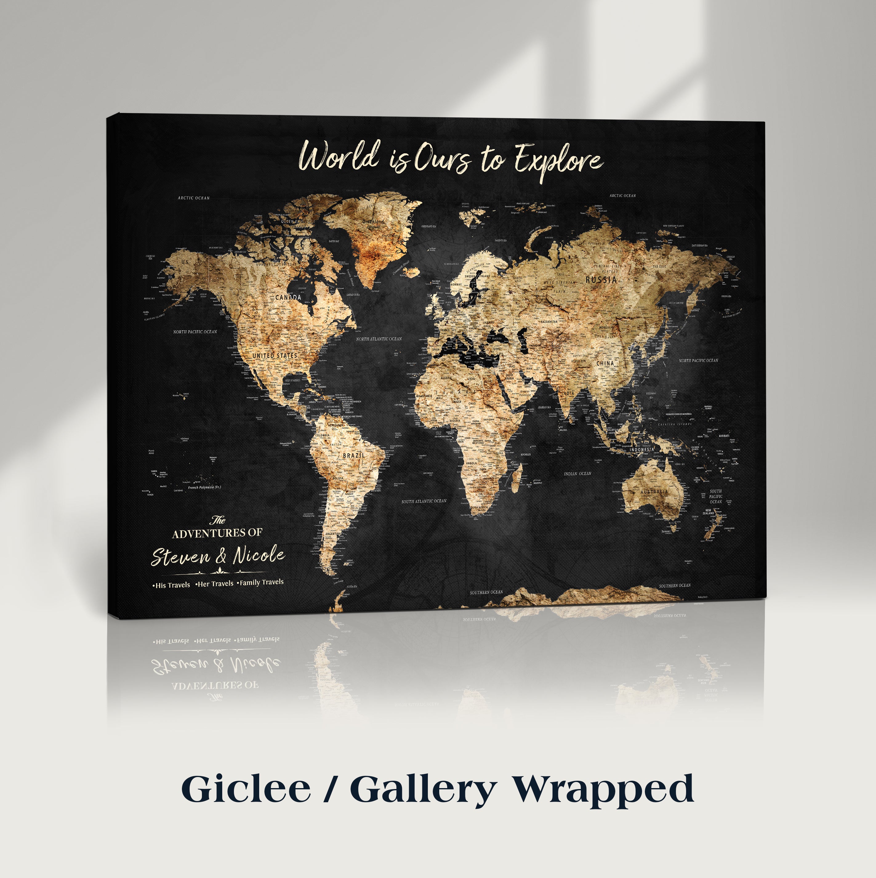 Rehber01-MGV-CV-36X24-Personalized Travel World Map Print | Customize Map with Push Pin Canvas on Foam Board | Grunge Maps Prints for Wall Decor