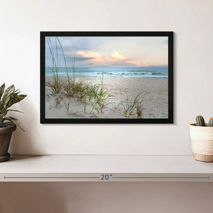 A chic living room is beautifully highlighted by the rustic farmhouse art, specifically the Test Beach Print - 2, displayed prominently above a wooden console.