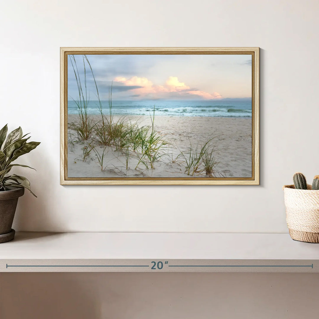 A chic living room is beautifully highlighted by the rustic farmhouse art, specifically the Test Beach Print - 2, displayed prominently above a wooden console.