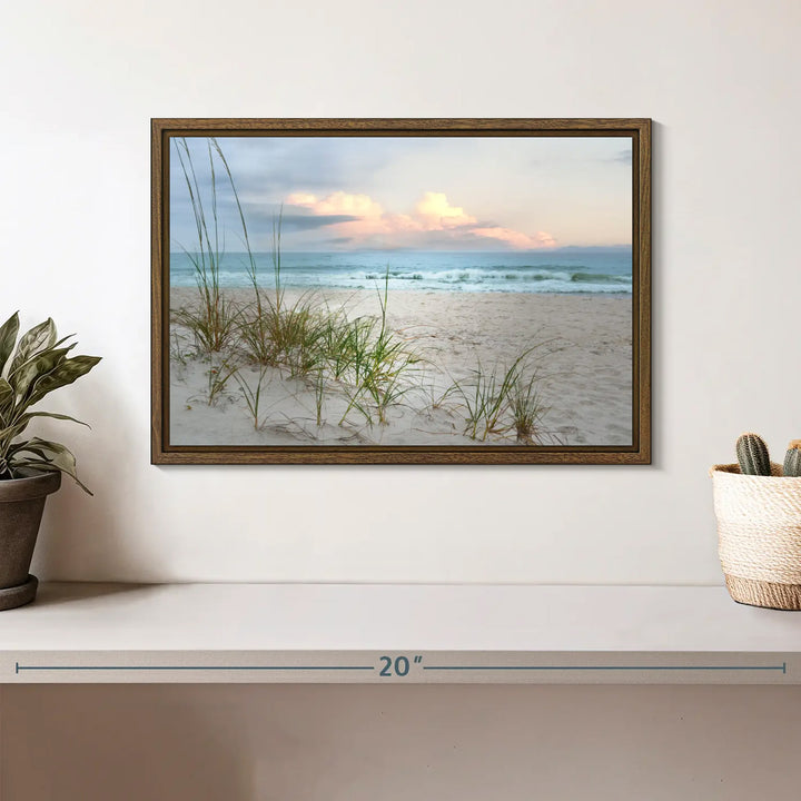 A chic living room is beautifully highlighted by the rustic farmhouse art, specifically the Test Beach Print - 2, displayed prominently above a wooden console.