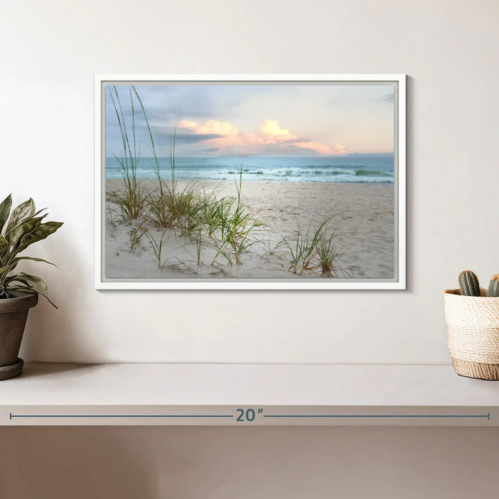 A chic living room is beautifully highlighted by the rustic farmhouse art, specifically the Test Beach Print - 2, displayed prominently above a wooden console.