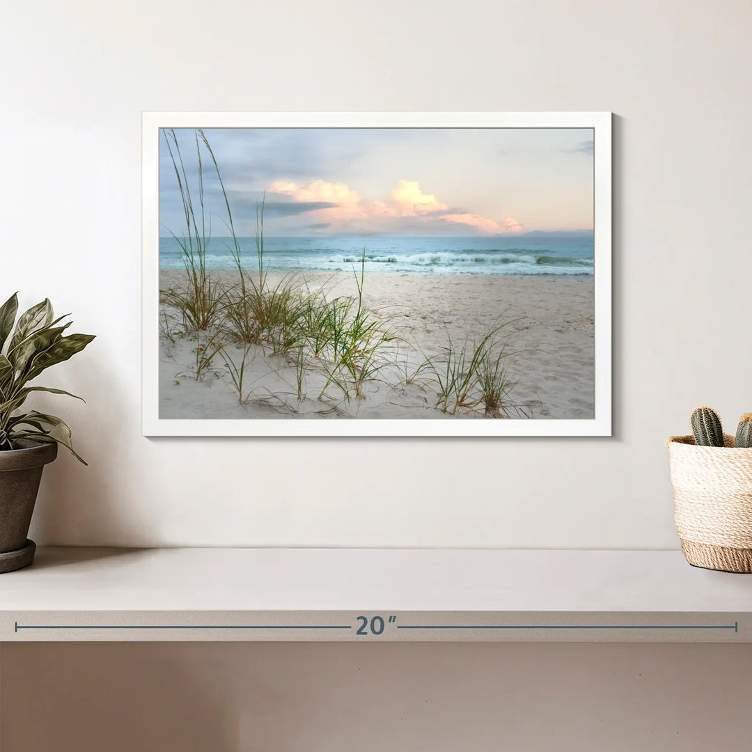 A chic living room is beautifully highlighted by the rustic farmhouse art, specifically the Test Beach Print - 2, displayed prominently above a wooden console.